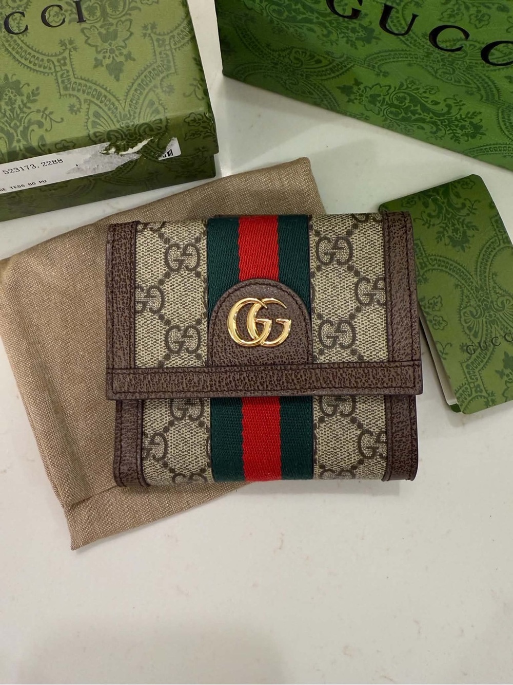Gucci GG Ophidia Canvas Trifold Wallet in Beige with Green/Red